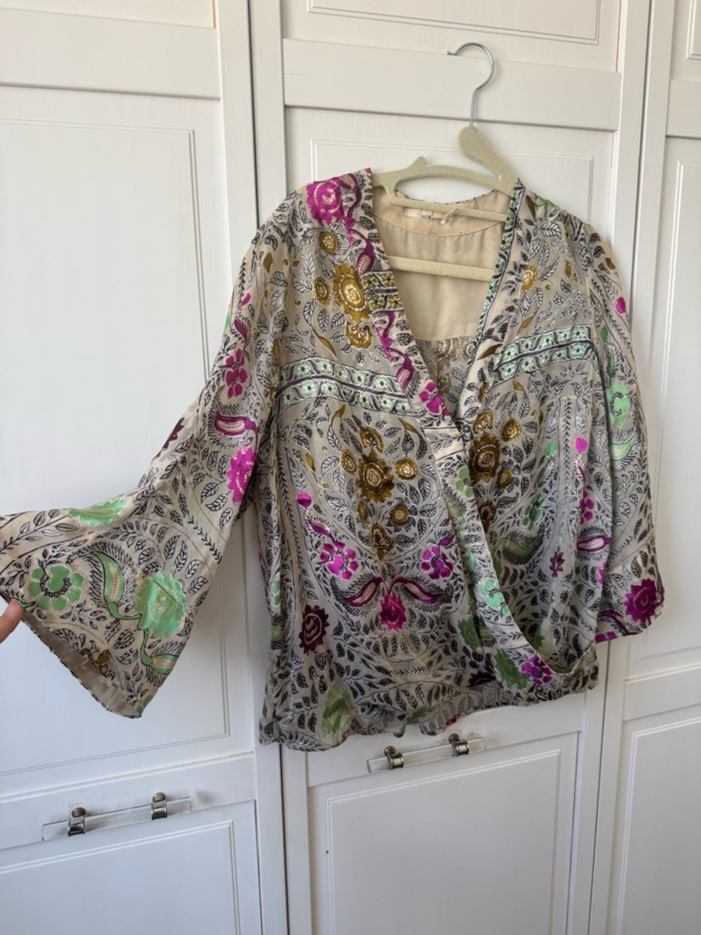 Anthropologie Beige Wrap Blouse with Pink, Green & Gold Embroidery